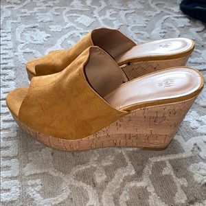 Tan cork heel wedges